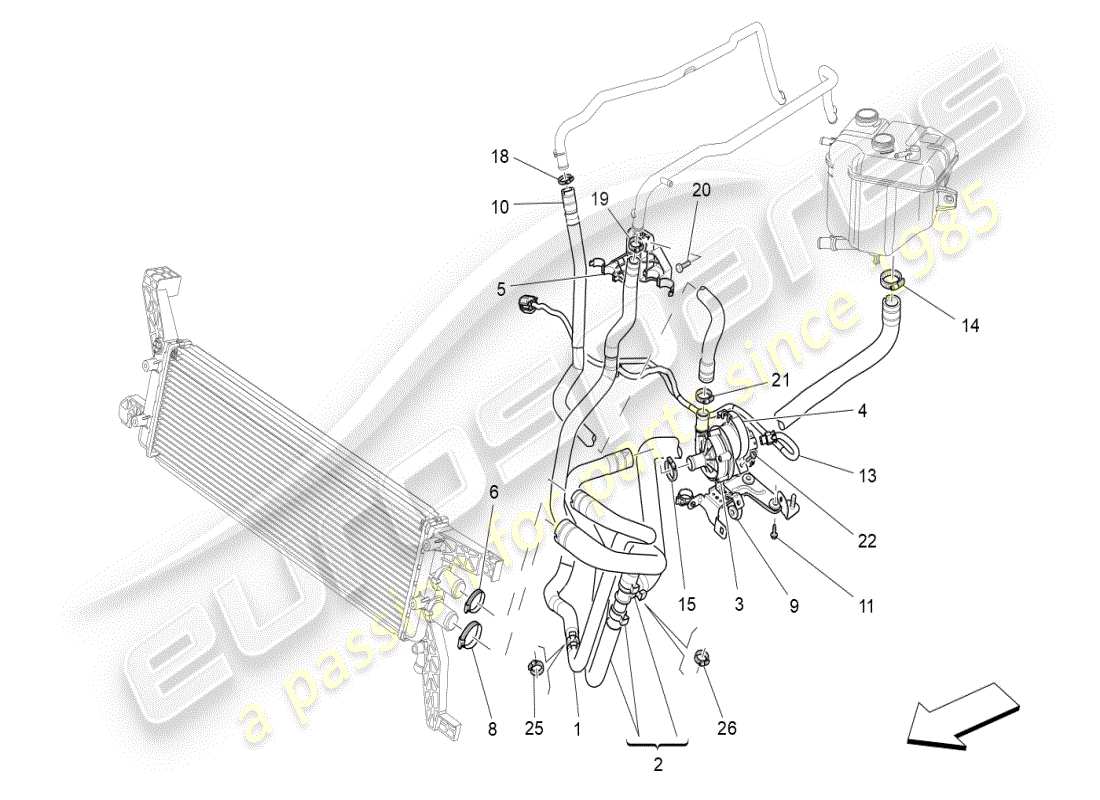 maserati ghibli (2019) sistema di raffreddamento: diagramma delle parti di nourice e linee