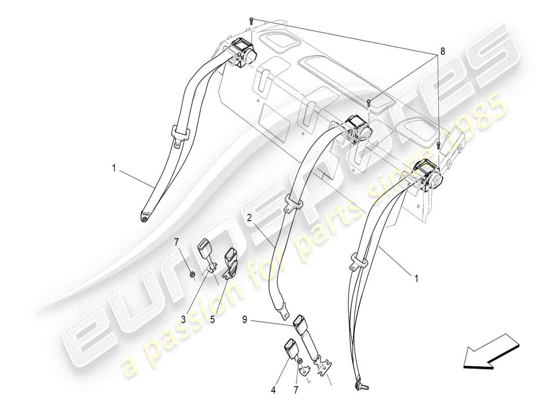 maserati ghibli (2019) diagramma delle parti delle cinture di sicurezza posteriori