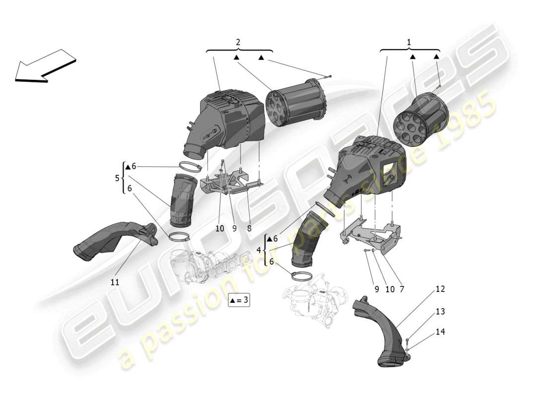maserati mc20 (2023) diagramma delle parti del filtro dell'aria, della presa d'aria e dei condotti