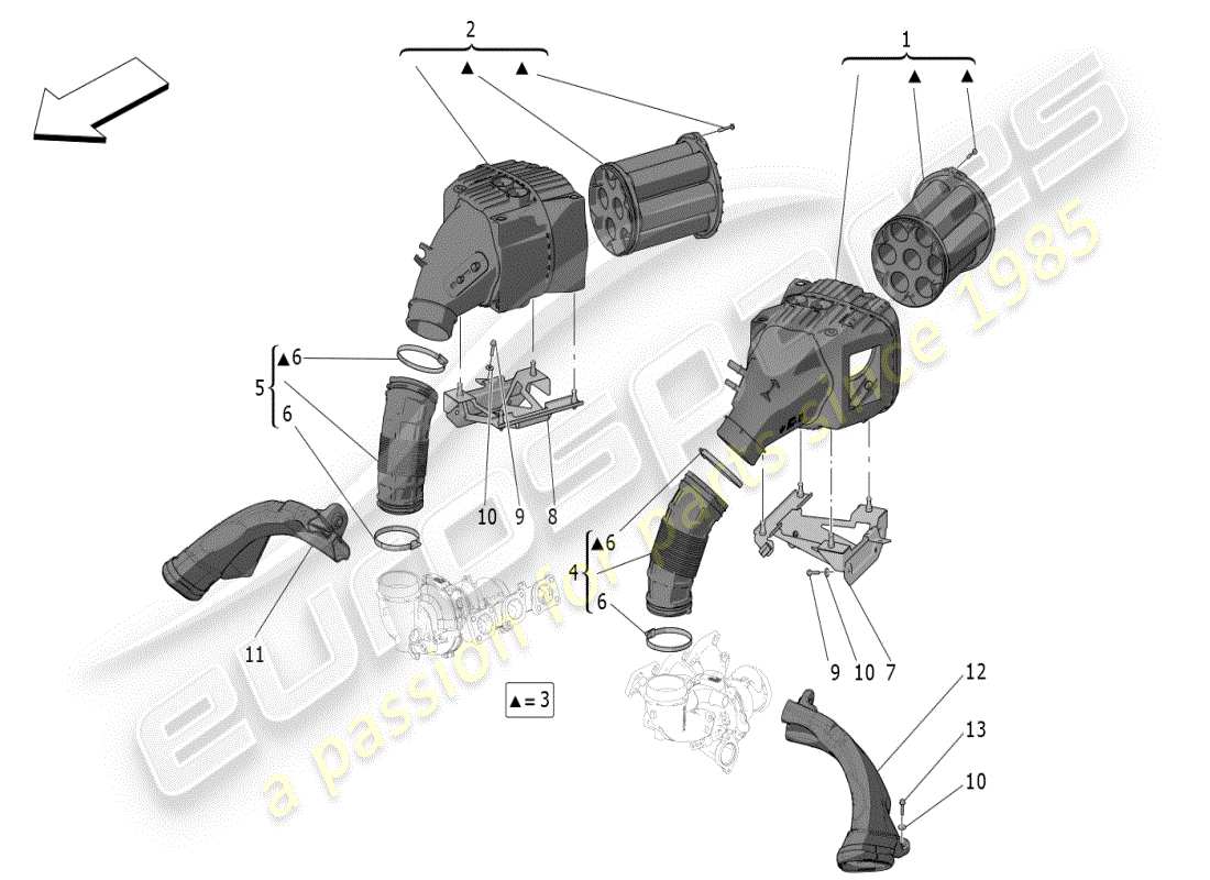 maserati mc20 (2024) diagramma delle parti del filtro dell'aria, della presa d'aria e dei condotti