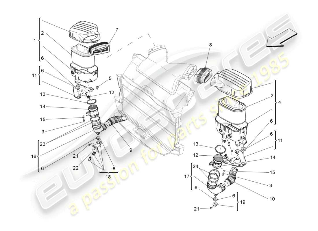 maserati ghibli (2014) diagramma delle parti del filtro dell'aria, della presa d'aria e dei condotti