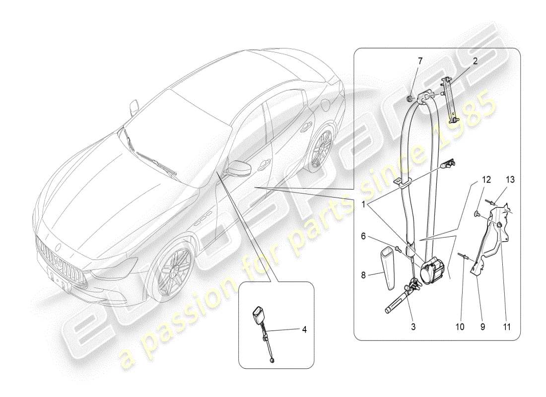maserati ghibli (2019) diagramma delle parti delle cinture di sicurezza anteriori