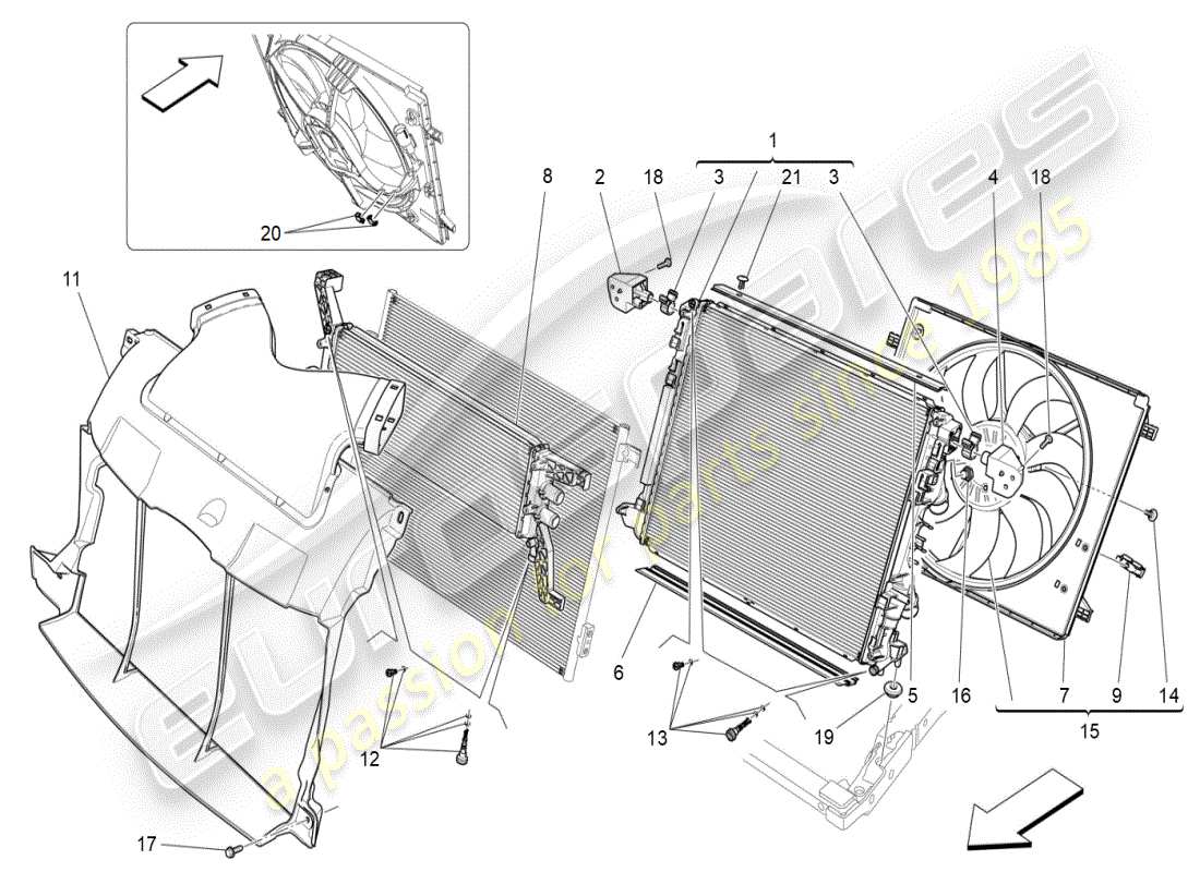maserati ghibli (2019) raffreddamento: diagramma delle parti dei radiatori dell'aria e dei condotti