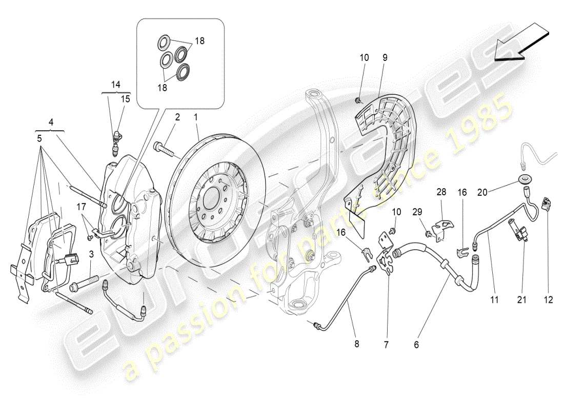 maserati ghibli (2019) schema parziale dei dispositivi di frenatura sulle ruote anteriori