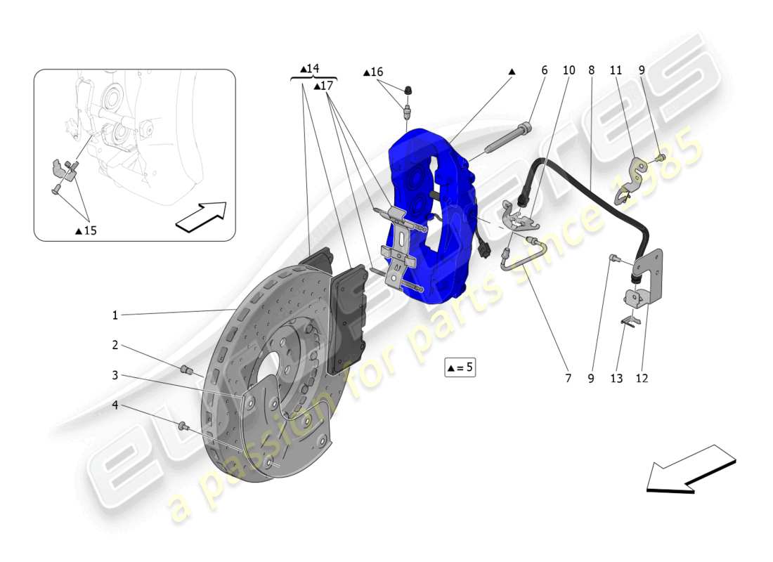 maserati mc20 (2023) schema parziale dei dispositivi di frenatura sulle ruote anteriori