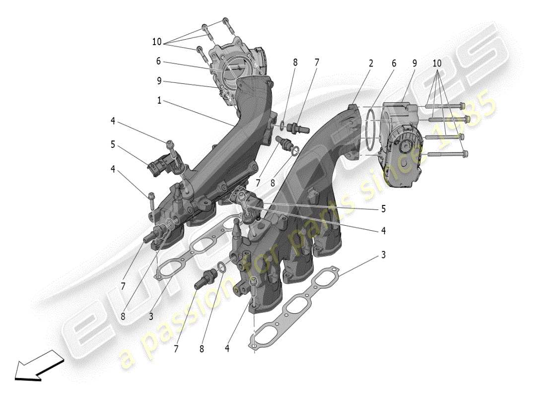 maserati mc20 (2024) schema della parte del collettore di aspirazione e del corpo farfallato