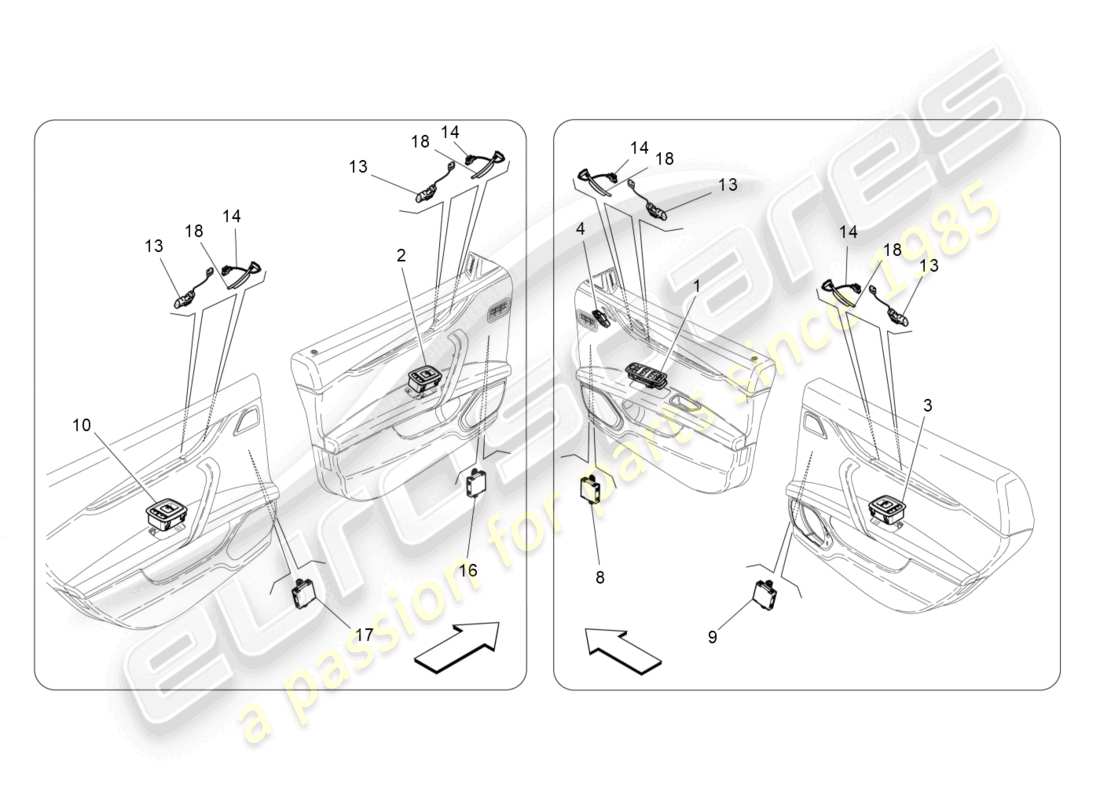 maserati ghibli (2018) diagramma delle parti dei dispositivi per porte