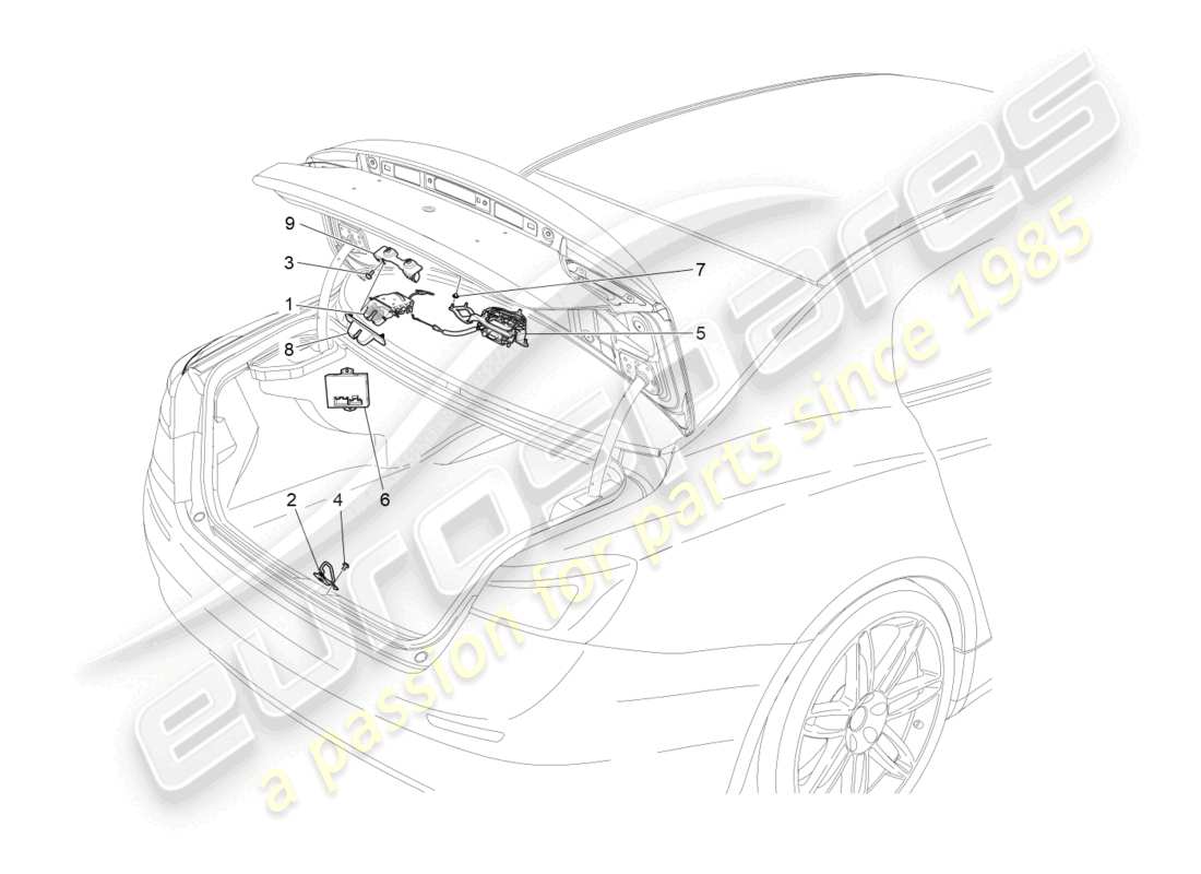 maserati ghibli (2018) schema delle parti del controllo dell'apertura del cofano posteriore