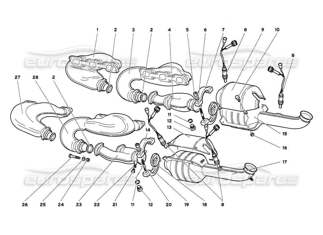 lamborghini diablo 6.0 (2001) diagramma delle parti del sistema di scarico (my 2001).