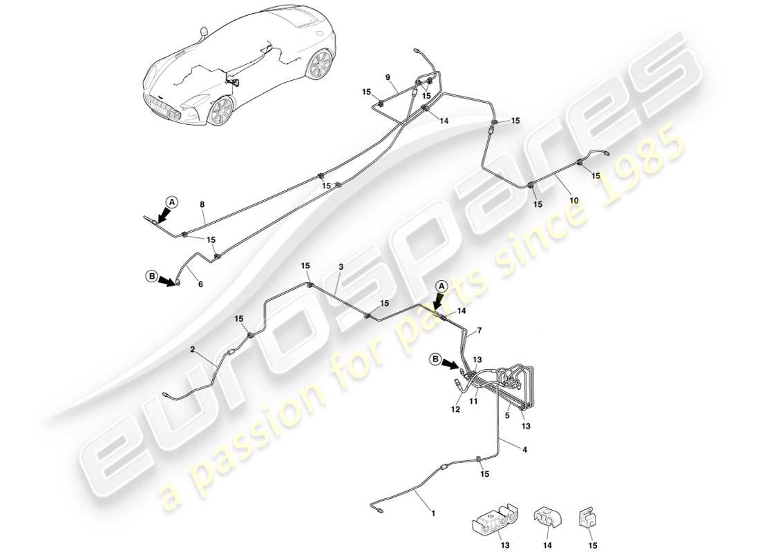 aston martin one-77 (2011) diagramma delle parti di tubazioni e tubi flessibili dei freni, guida a sinistra