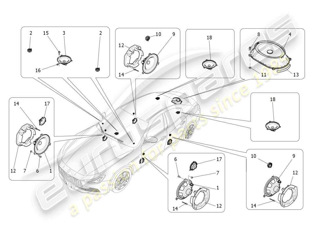 maserati ghibli (2018) schema delle parti del sistema di diffusione del suono