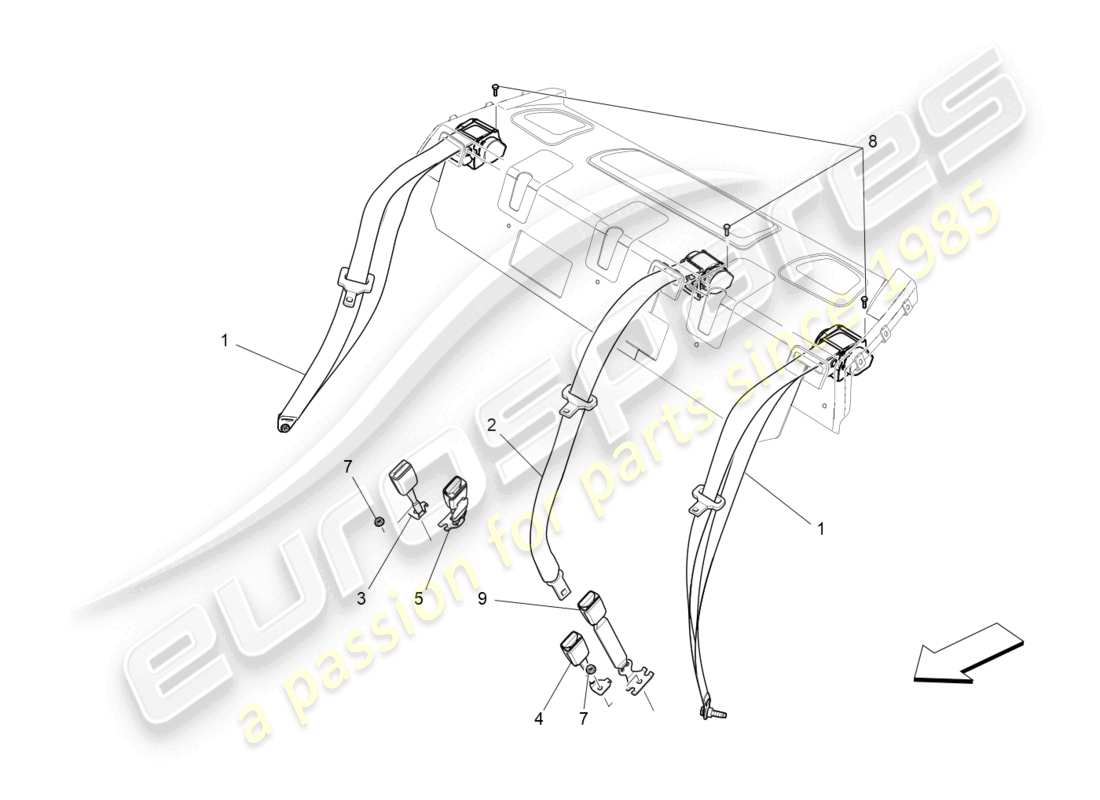 maserati ghibli (2014) diagramma delle parti delle cinture di sicurezza posteriori