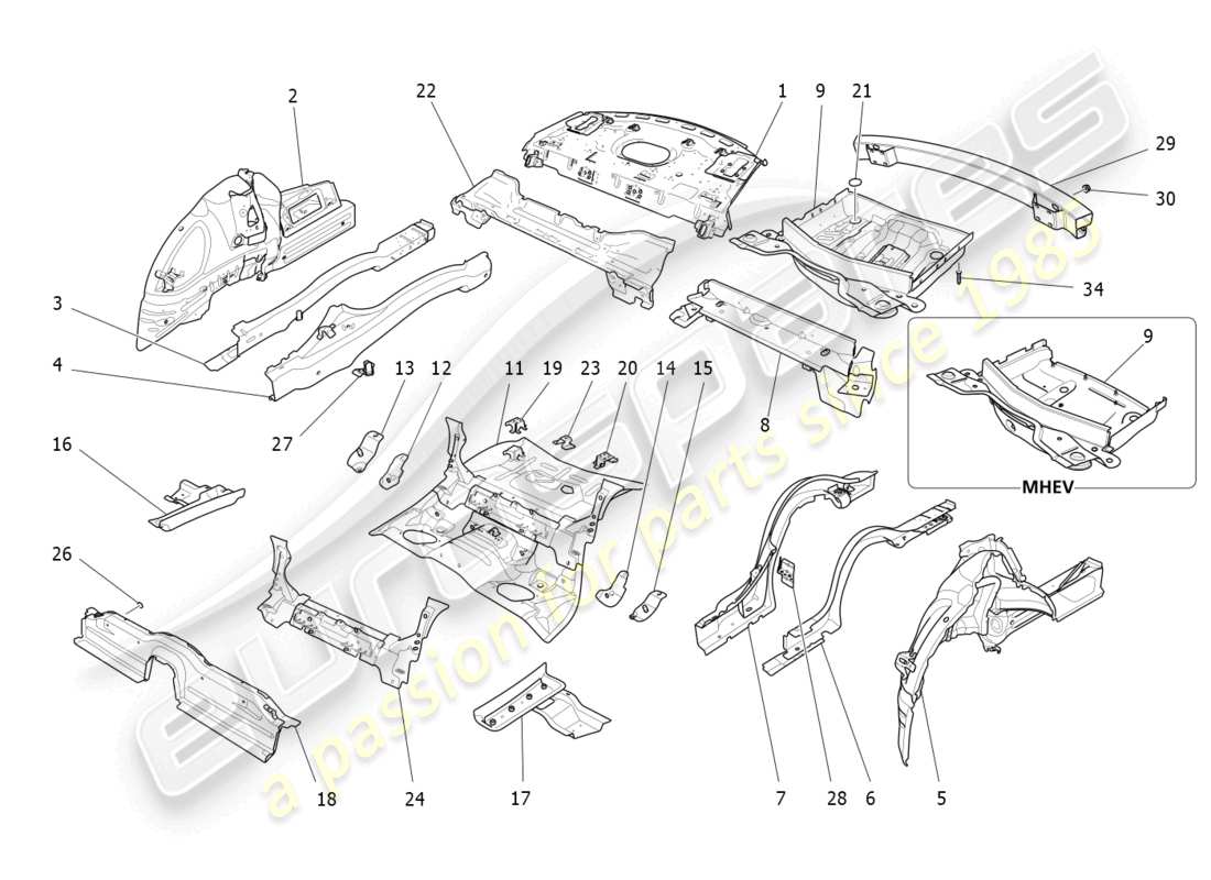 maserati ghibli (2014) schema delle parti dei telai strutturali posteriori e dei pannelli in lamiera