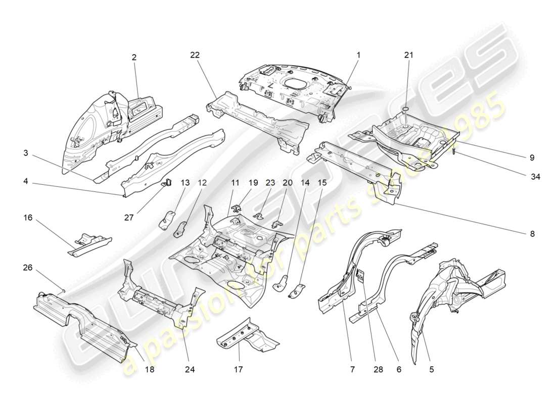 maserati ghibli (2014) schema delle parti dei telai strutturali posteriori e dei pannelli in lamiera