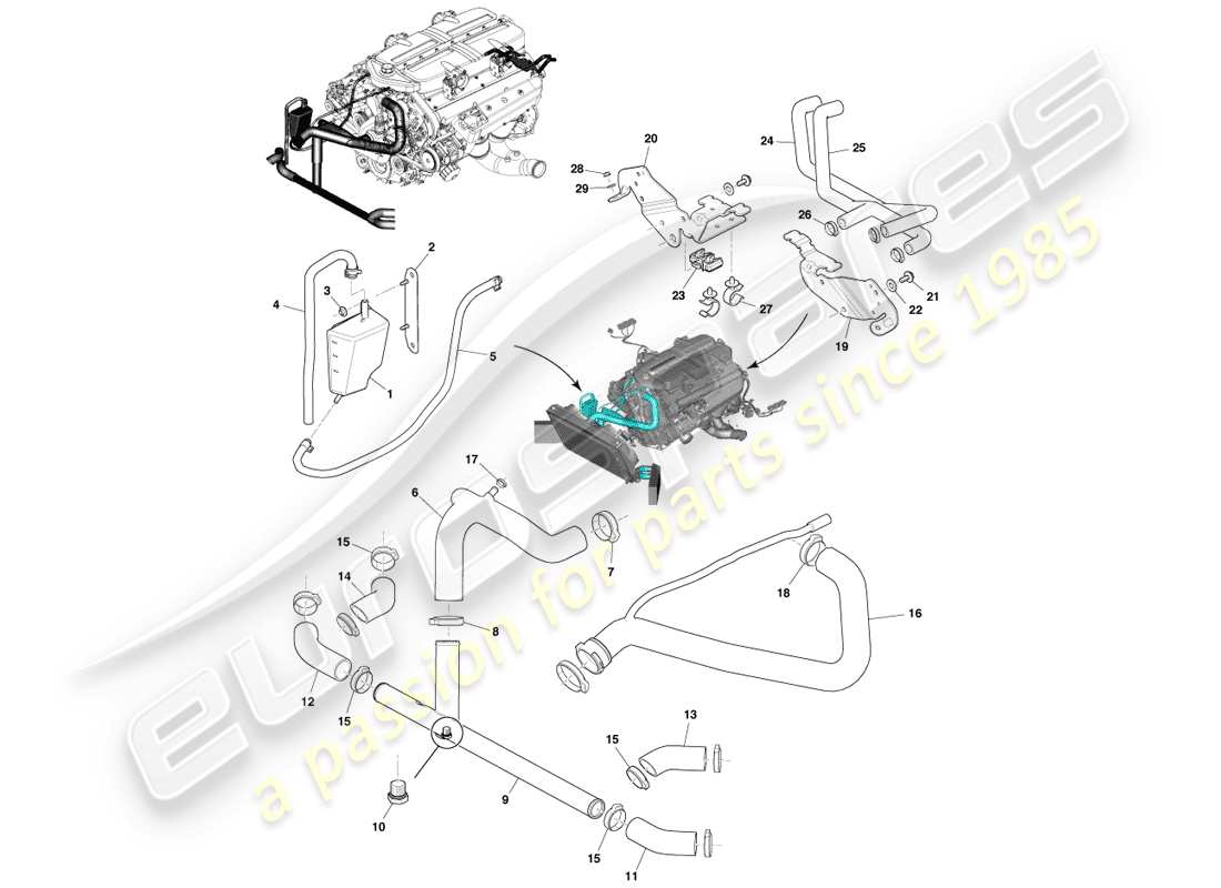 aston martin one-77 (2011) diagramma delle parti del serbatoio del liquido di raffreddamento e dei tubi flessibili