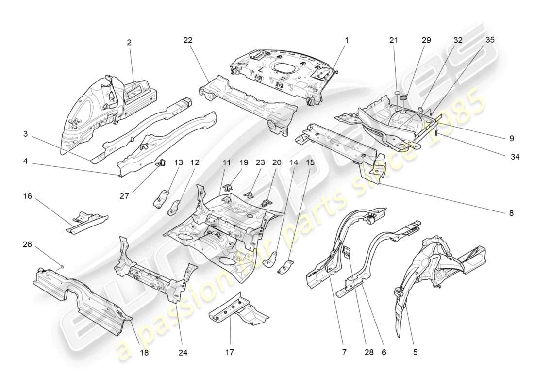 maserati ghibli (2018) schema delle parti dei telai strutturali posteriori e dei pannelli in lamiera