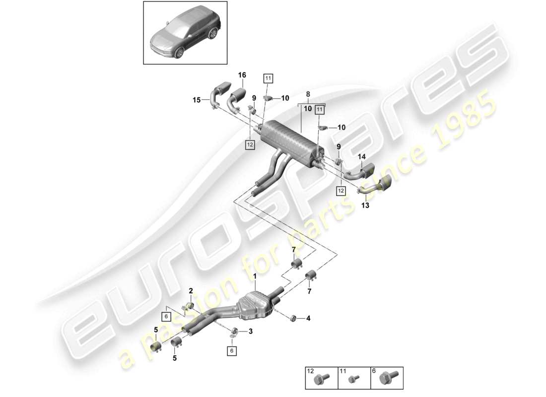 porsche 2022 (cayenne e3 9ya/9yb) sistema di scarico silenziatore anteriore silenziatore posteriore terminale di scarico diagramma delle parti