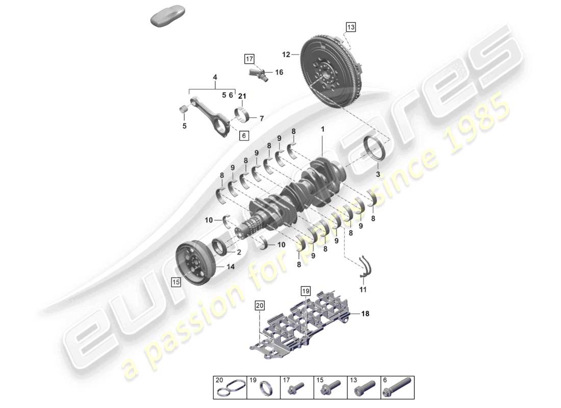 porsche 2021 (992-1 turbo / s) diagramma delle parti del volano della biella dell'albero motore