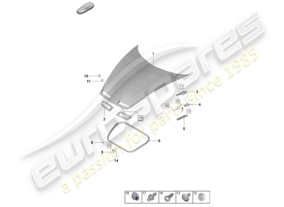 porsche 2022 (992-1 gt3/rs/st) diagramma delle parti del cofano