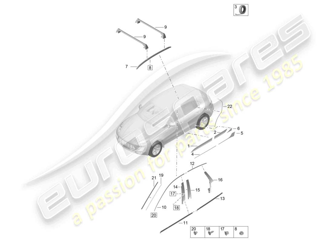 porsche 2021 (macan) schema delle parti delle modanature esterne di finitura
