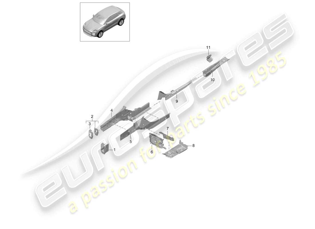 porsche 2021 (macan) diagramma delle parti del longherone anteriore e anteriore
