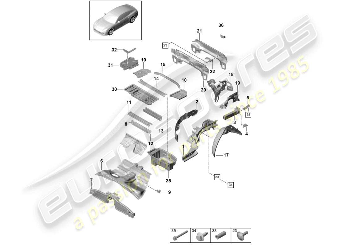 porsche 2021 (panamera 971-1) parte posteriore longherone diagramma delle parti