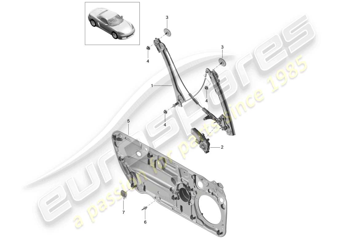 porsche 2021 (718 boxster) schema delle parti del regolatore della finestra