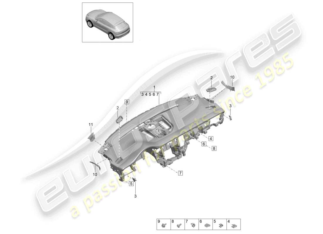 porsche 2021 (macan) schema della parte superiore del rivestimento del pannello strumenti