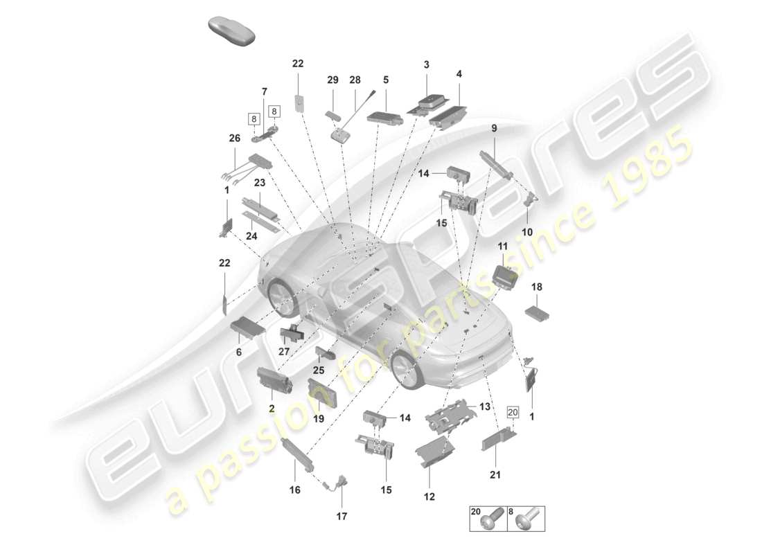 porsche 2020 (taycan 9j1-1) lettore di chip card aereo per sistema di pedaggio stradale schema delle parti