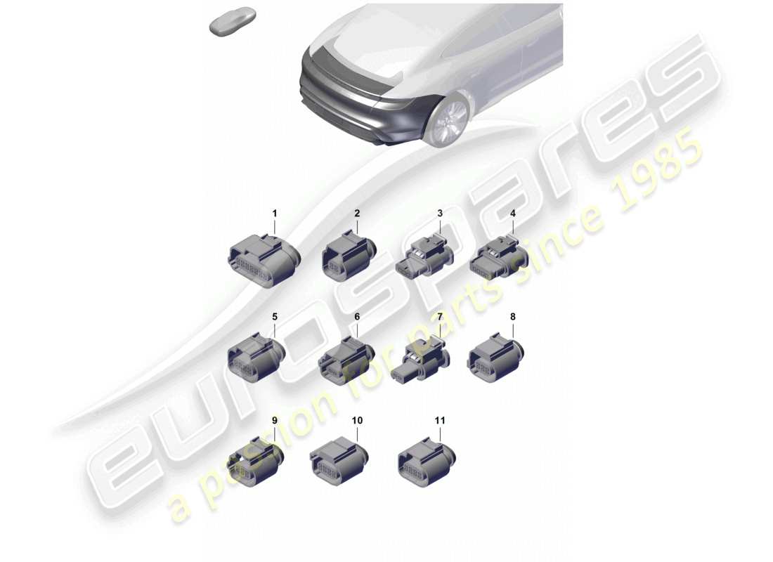 porsche 2020 (taycan 9j1-1) alloggiamento del connettore posteriore e paraurti e diagramma delle parti di illuminazione