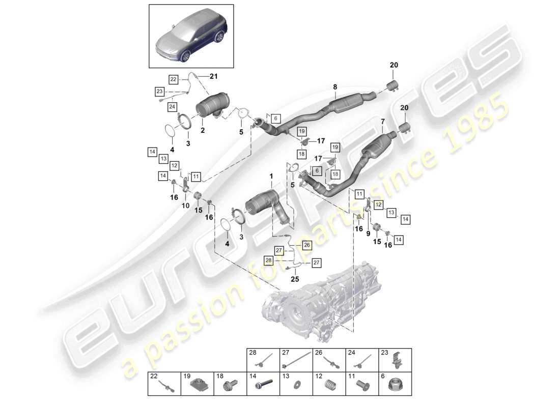 porsche 2023 (cayenne e3 9ya/9yb) sistema di scarico convertitore catalitico filtro antiparticolato per benzina sonda lambda schema dei componenti