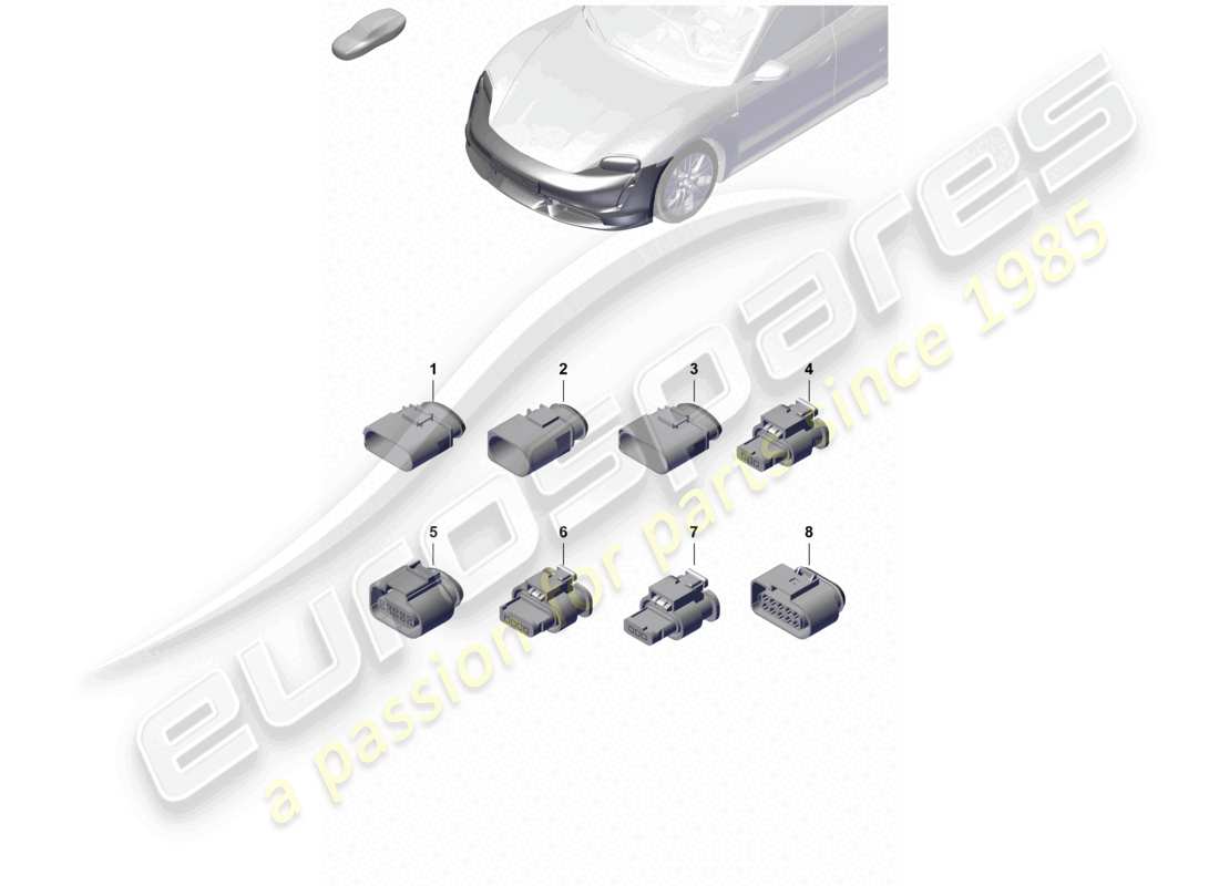 porsche 2023 (taycan 9j1-1) alloggiamento connettore anteriore per paraurti e schema delle parti di illuminazione