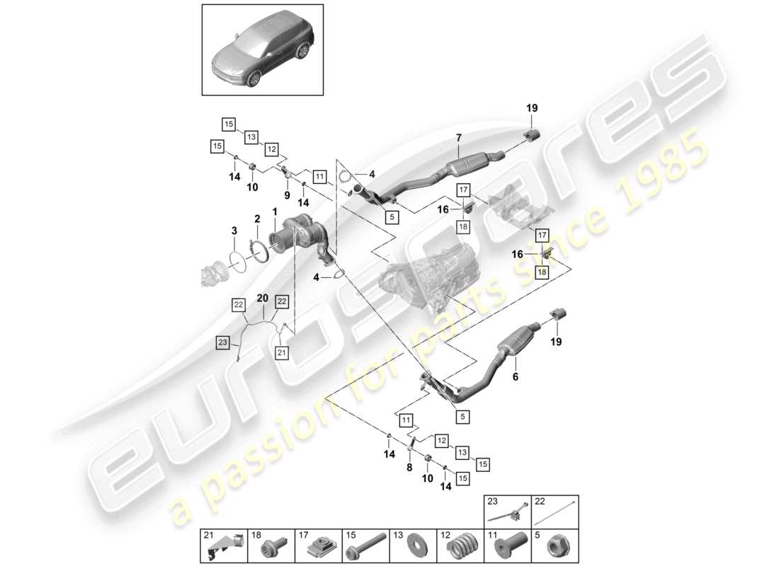 porsche 2023 (cayenne e3 9ya/9yb) sistema di scarico convertitore catalitico filtro antiparticolato per benzina sonda lambda schema dei componenti
