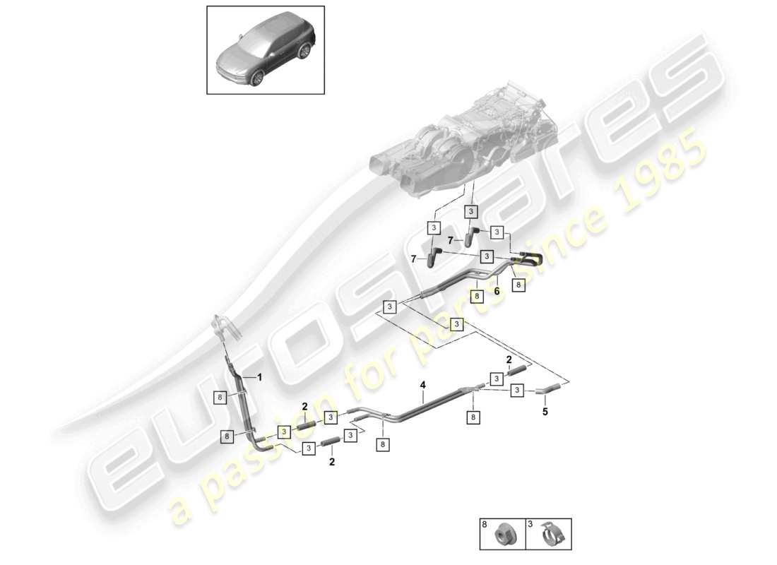porsche 2022 (cayenne e3 9ya/9yb) schema delle parti del sottoscocca del tubo del liquido di raffreddamento