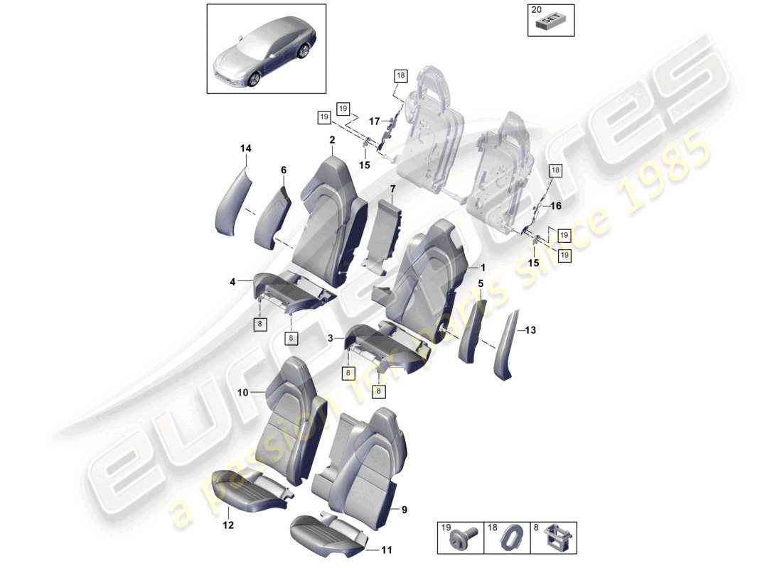 porsche 2021 (panamera 971-1) sedile posteriore sedile standard versione comfort parte in schiuma coprisedili coprisedili schema delle parti