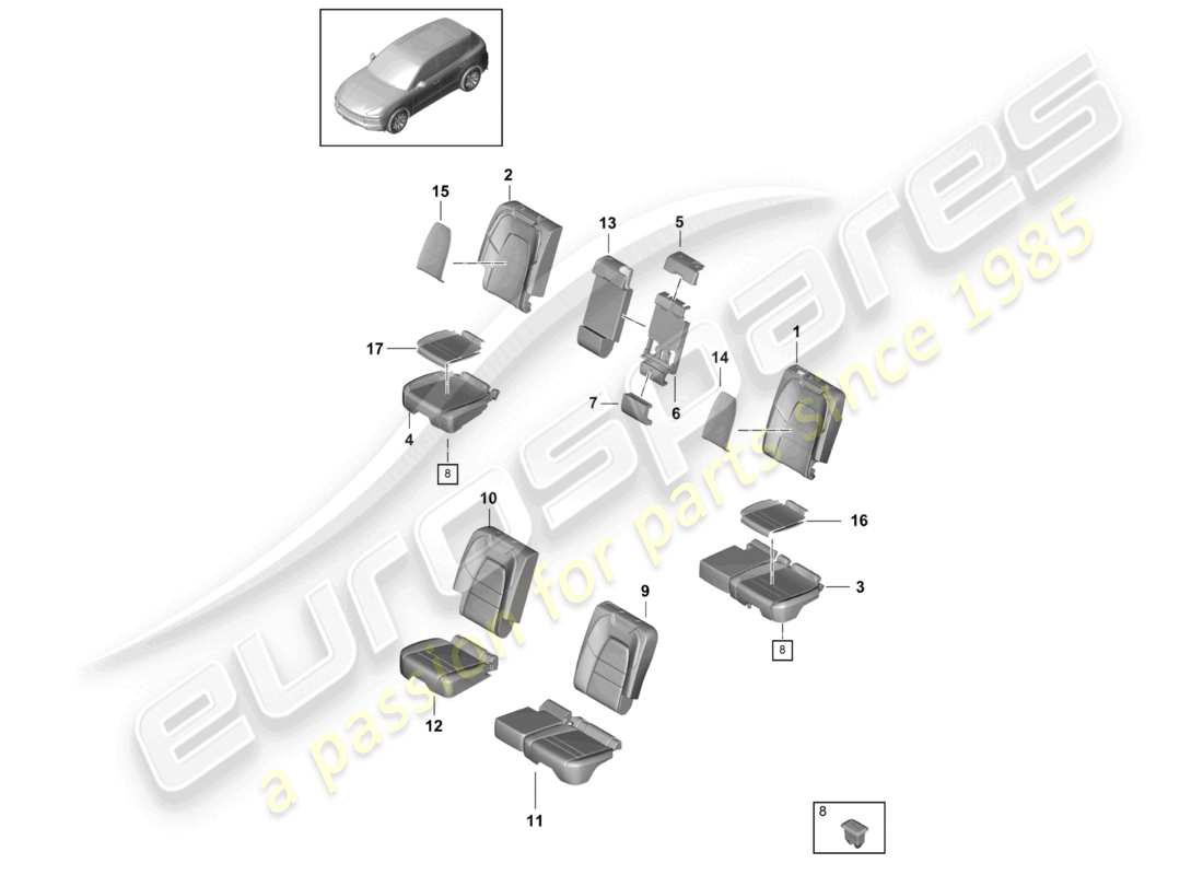 porsche 2023 (cayenne e3 9ya/9yb) sedile posteriore sportivo schienale in schiuma coprisedili coprisedili schema delle parti
