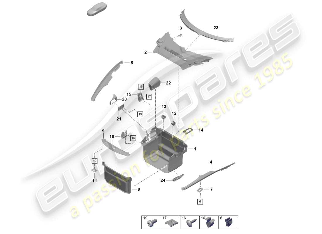 porsche 2021 (718 cayman gt4) schema delle parti anteriori del rivestimento del vano bagagli