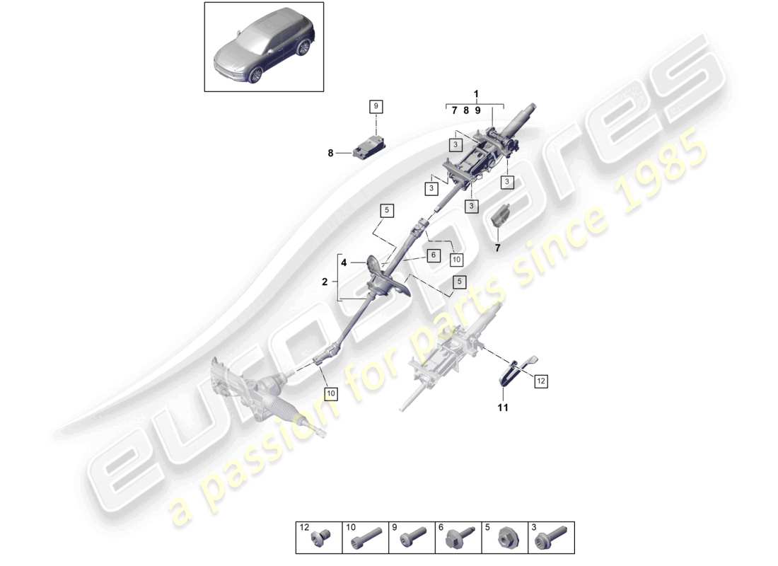 porsche 2021 (cayenne e3 9ya/9yb) colonna dello sterzo albero dello sterzo intermedio schema delle parti