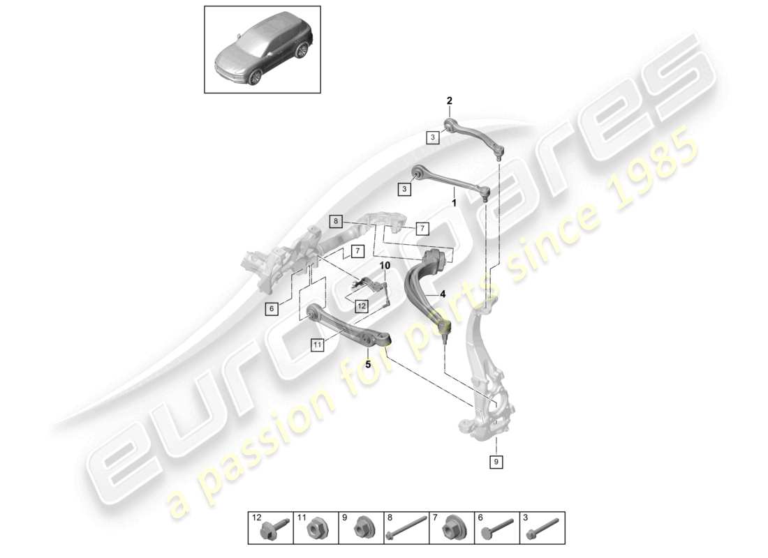 porsche 2022 (cayenne e3 9ya/9yb) schema delle parti dell'assale anteriore a forcella