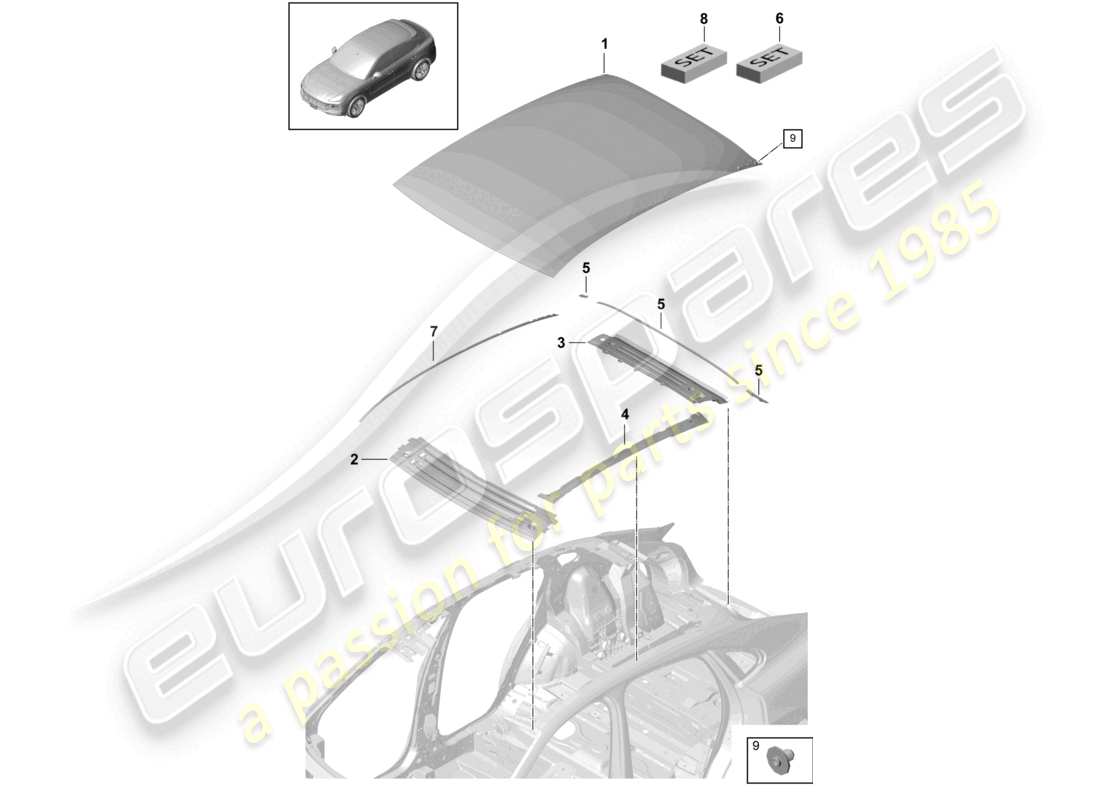 porsche 2022 (cayenne e3 9ya/9yb) schema delle parti della traversa in carbonio del pannello esterno del tetto della coupe