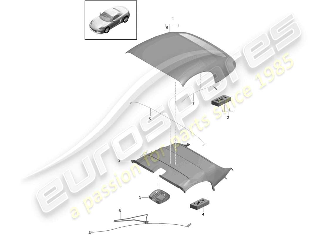 porsche 2026 (718 boxster) copertura capote rivestimento padiglione stampato schema delle parti