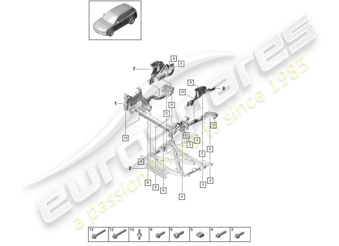 porsche 2022 (cayenne e3 9ya/9yb) telaio di supporto sottotelaio di sospensione piastra di protezione diagramma delle parti