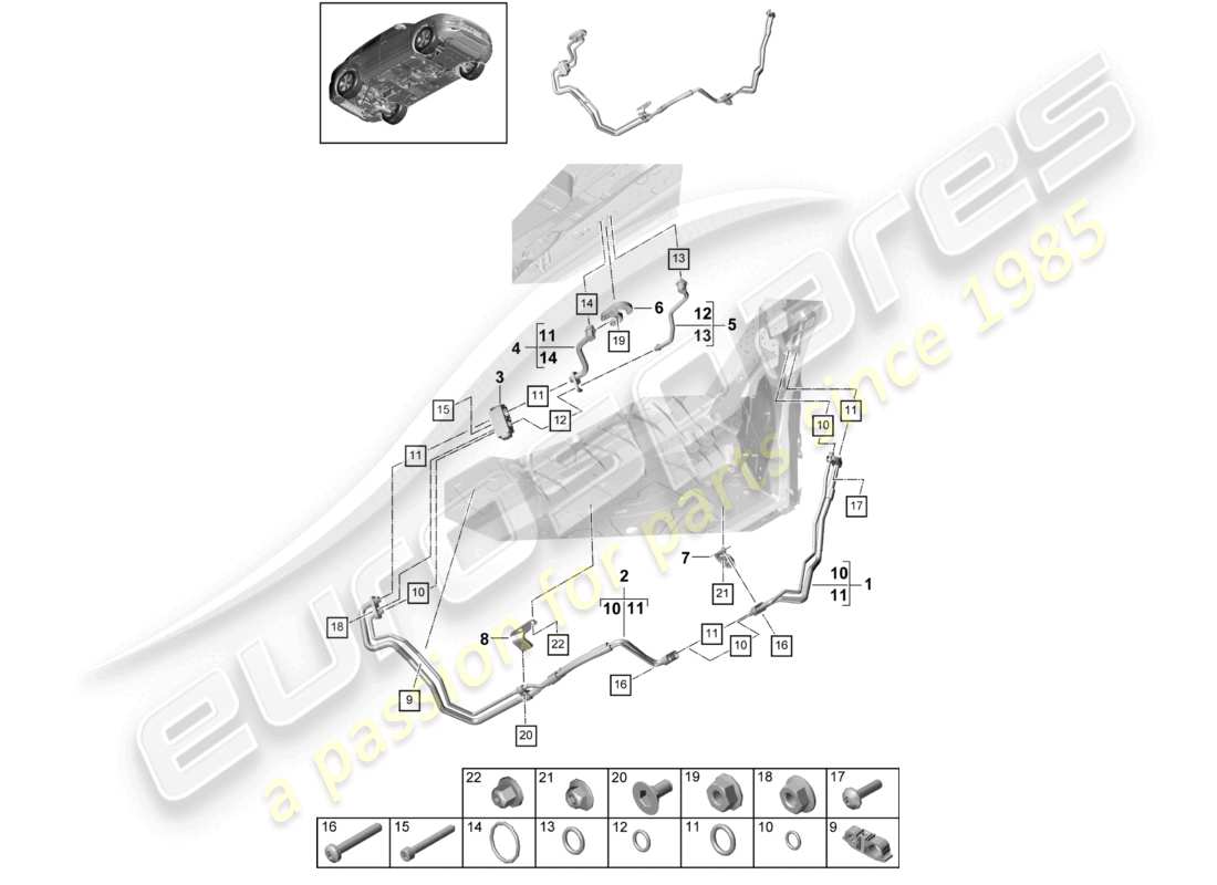 porsche 2023 (cayenne e3 9ya/9yb) schema della parte inferiore della linea refrigerante dell'aria condizionata