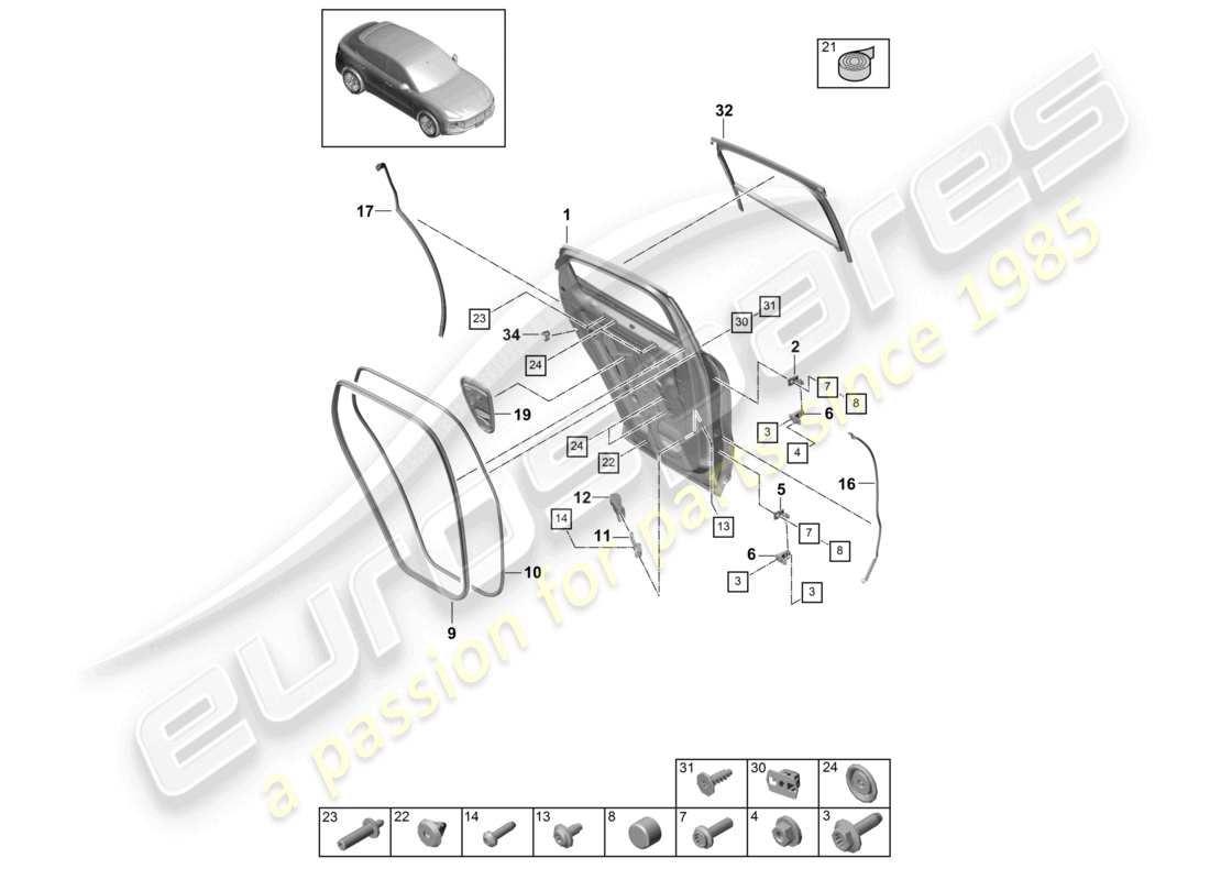 porsche 2023 (cayenne e3 9ya/9yb) schema delle parti della guarnizione posteriore della portiera coupe