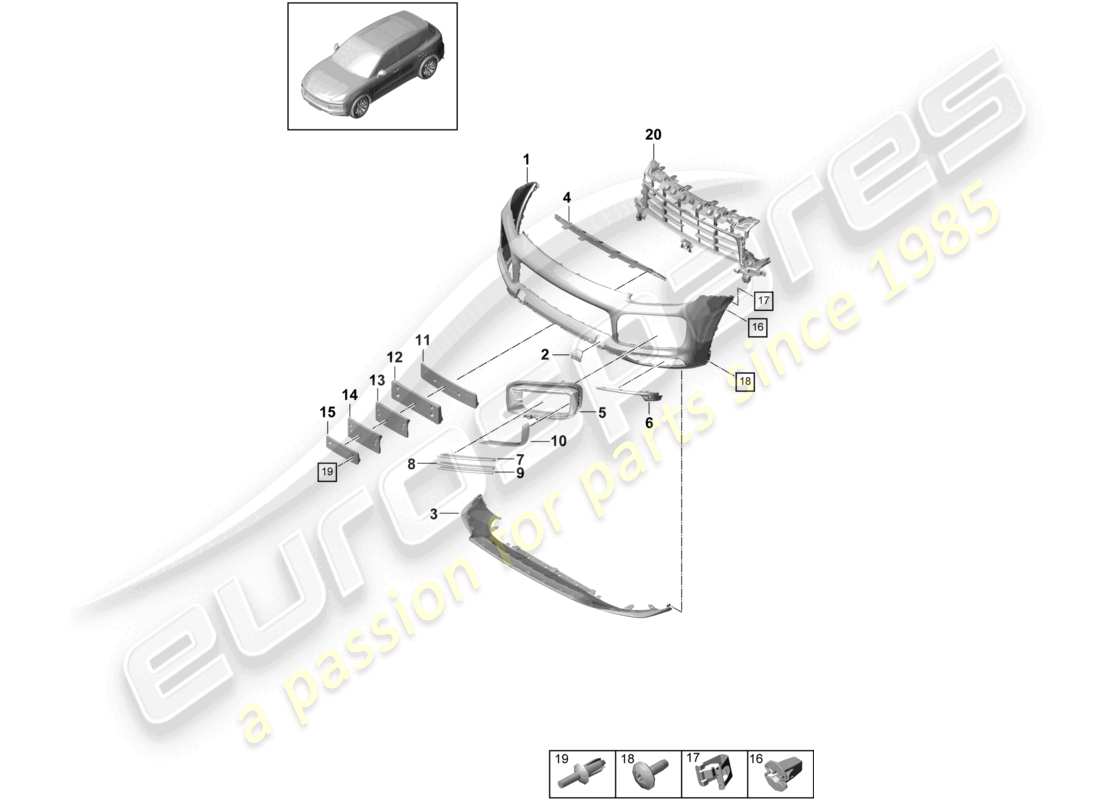 porsche 2023 (cayenne e3 9ya/9yb) paraurti anteriore pacchetto sport design effetto carbonio schema delle parti