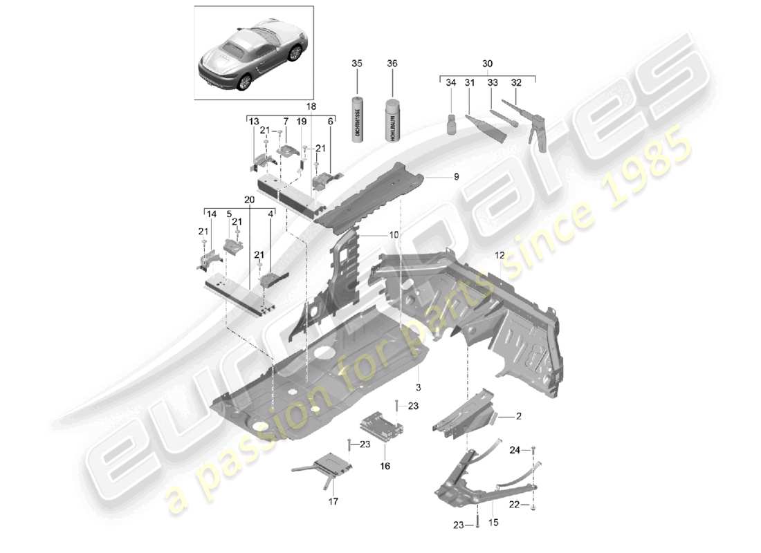porsche 2022 (718 boxster) diagramma delle parti centrali delle piastre del pavimento