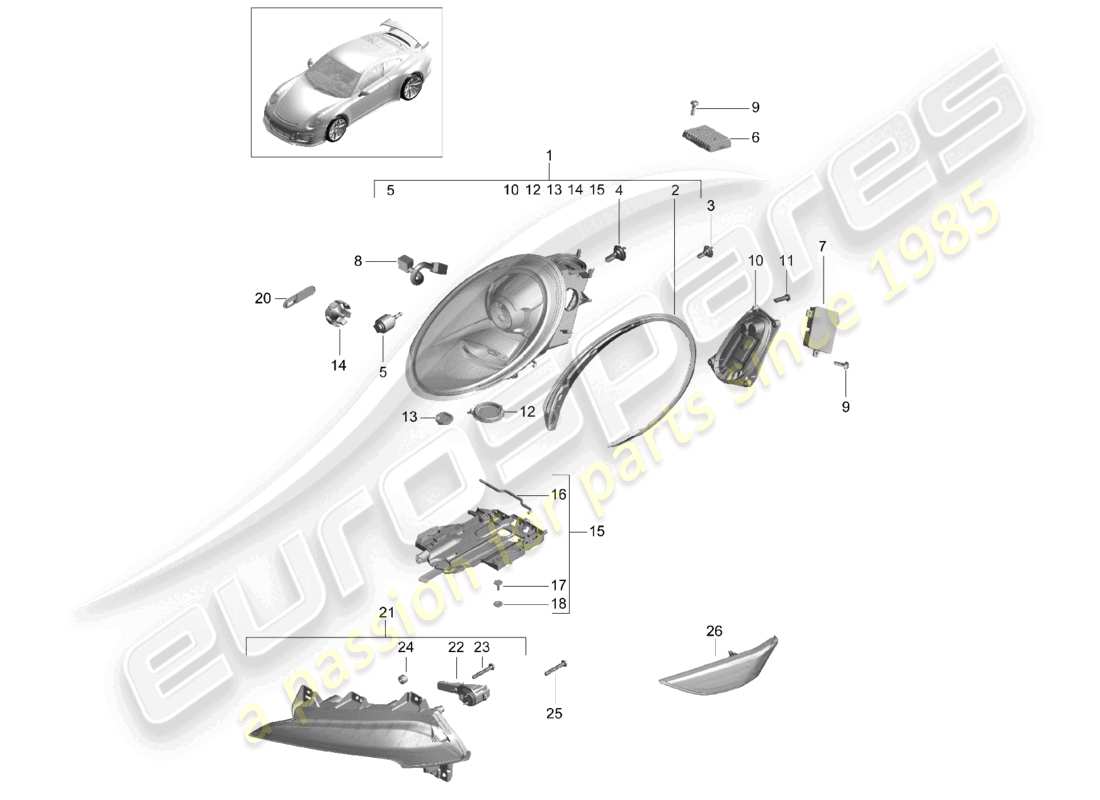 porsche 2021 (991-2 r/gt3/rs) fari anteriori faro supplementare indicatore di direzione luce di posizione laterale ripetitore di direzione d >>- mj 2017 schema delle parti