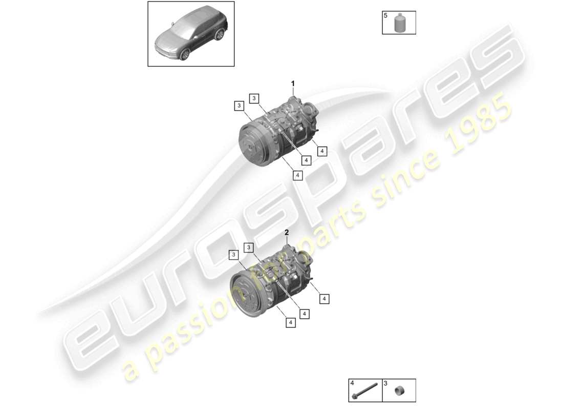 porsche 2023 (cayenne e3 9ya/9yb) diagramma delle parti del compressore dell'aria condizionata r1234yf