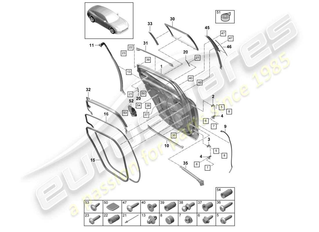 porsche 2021 (panamera 971-1) guarnizione della scocca della porta posteriore diagramma delle parti