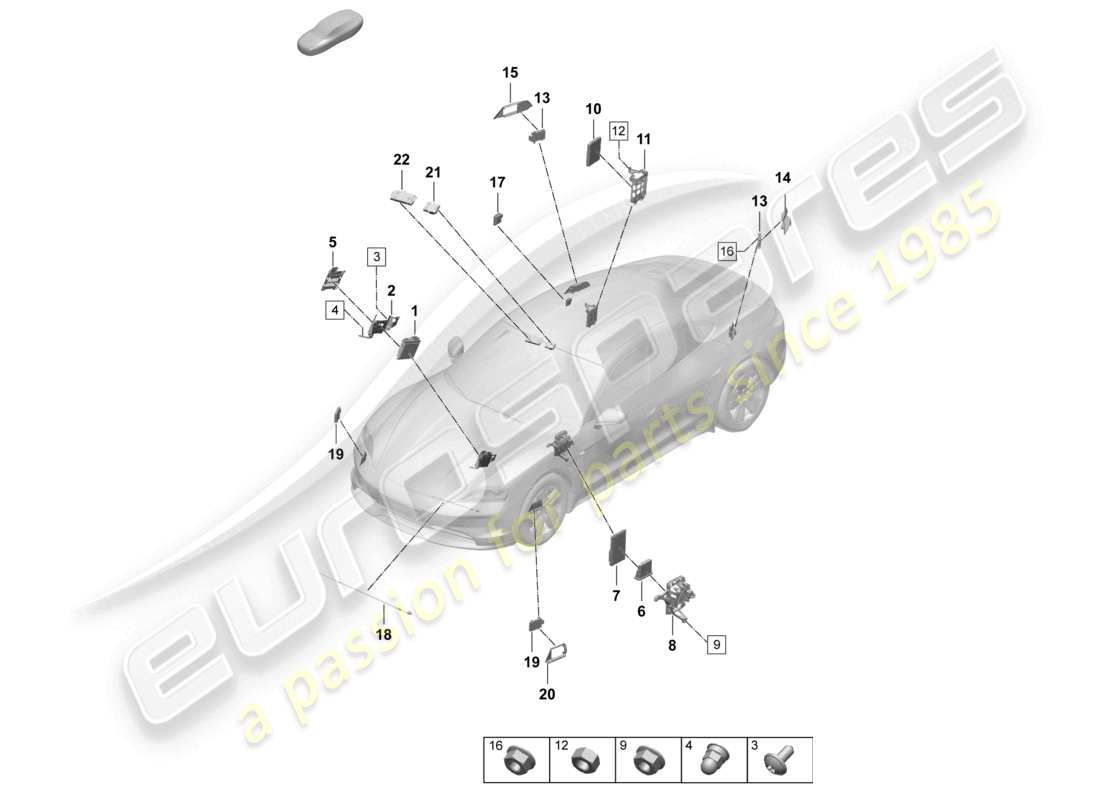 porsche 2025 (taycan 9j1-2) unità di controllo unità di controllo per sistemi di assistenza alla guida unità di controllo per la termogestione unità di controllo (bcm) per sistema di conv. e alimentazione ob unità di controllo per assistenza al cambio di corsia unità di controllo per apertura porta garage unità di controllo per rilevamento oggetti vetro r diagramma delle parti